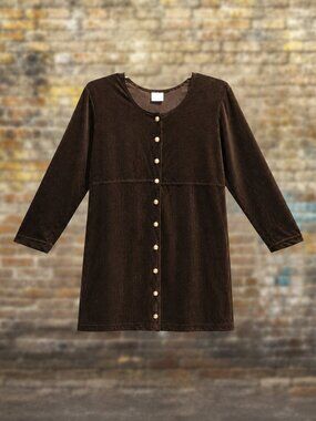 Style Studio Dk Brown Corduroy-Looking Velvet Soft Long Sleeved Dress - M